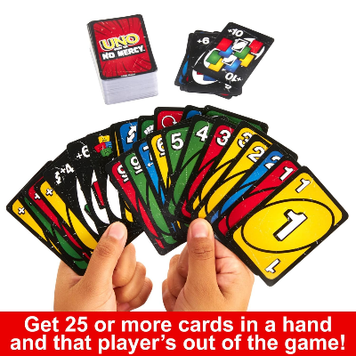Picture of Mattel Games UNO Show ‘em No Mercy Card Game in Storage & Travel Tin for Kids, Adults & Family Night with Extra Cards, Special Rules & Tougher Penalties