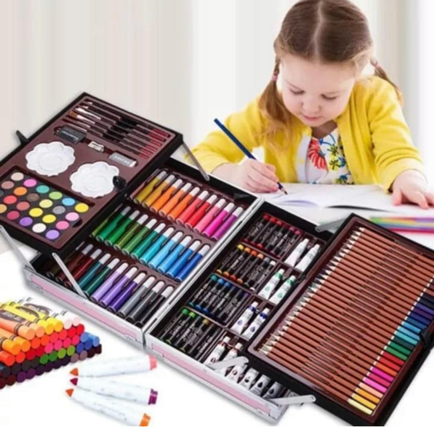 Picture of 45Pcs Professional Art Set- Drawing Painting Sketching Colouring Set- All In 1 Art Set -Oil Pastels, Colour Pencils & Pens, Water Colours & More- Unicorn Design Aluminium Case