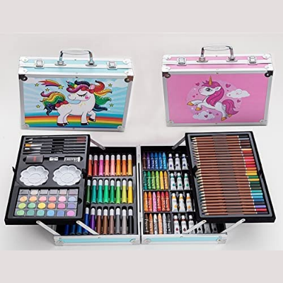 Picture of 45Pcs Professional Art Set- Drawing Painting Sketching Colouring Set- All In 1 Art Set -Oil Pastels, Colour Pencils & Pens, Water Colours & More- Unicorn Design Aluminium Case