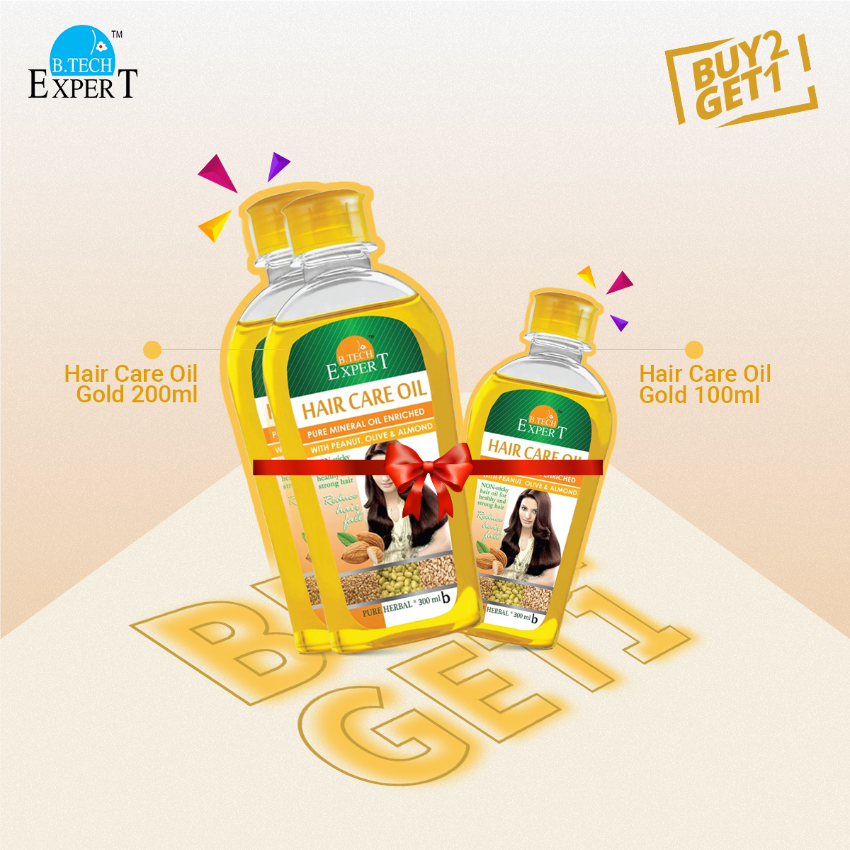 Picture of Buy 2 Get 1 Free - B.Tech ExperT Hair Care Oil Gold 200 ml (2 Piece) + B.Tech ExperT Hair Care Oil Gold 100ml (1 Piece Free)
