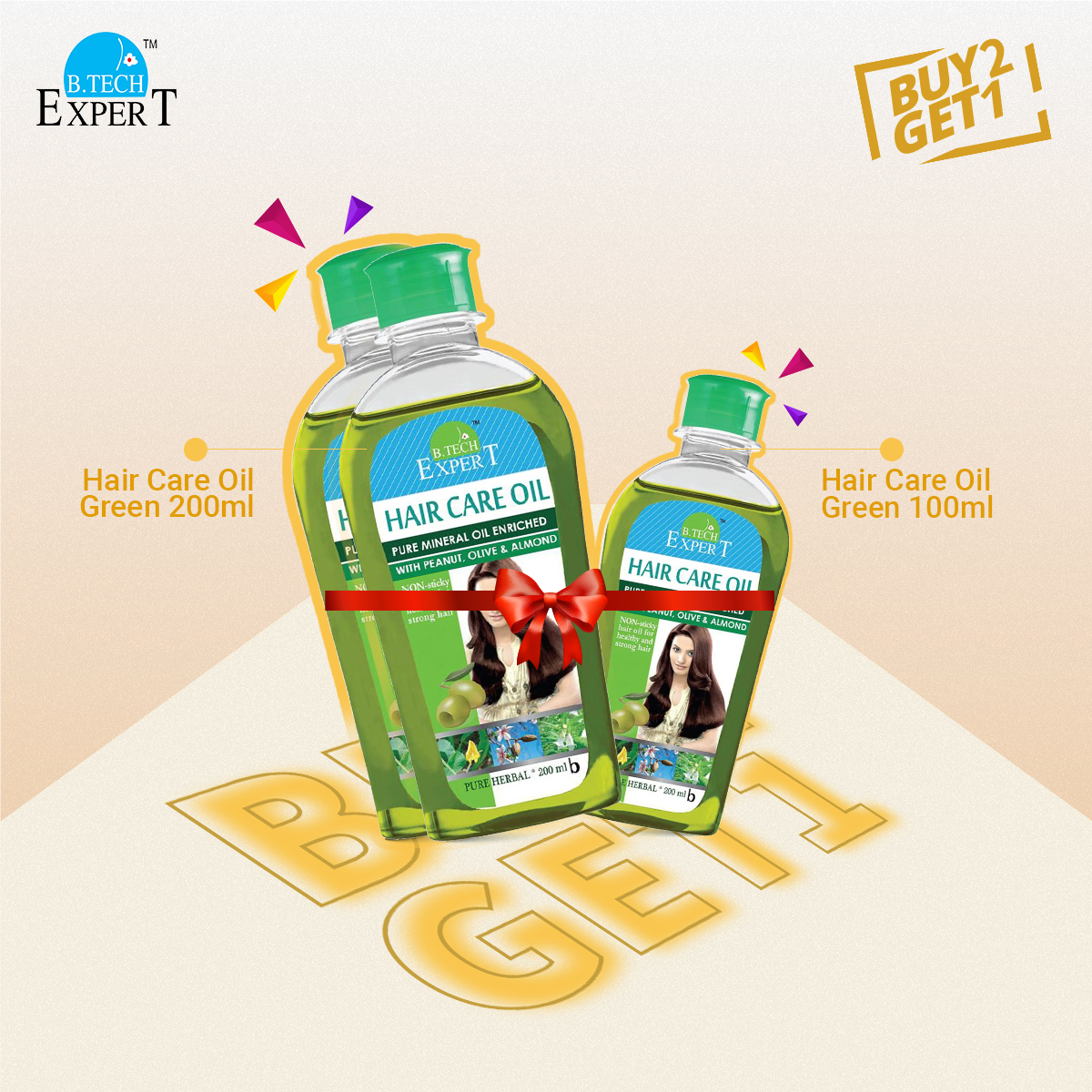 Picture of Buy 2 Get 1 Free - B.Tech ExperT Hair Care Oil Green 200 ml (2 Piece) + B.Tech ExperT Hair Care Oil Green 100ml (1 Piece Free )