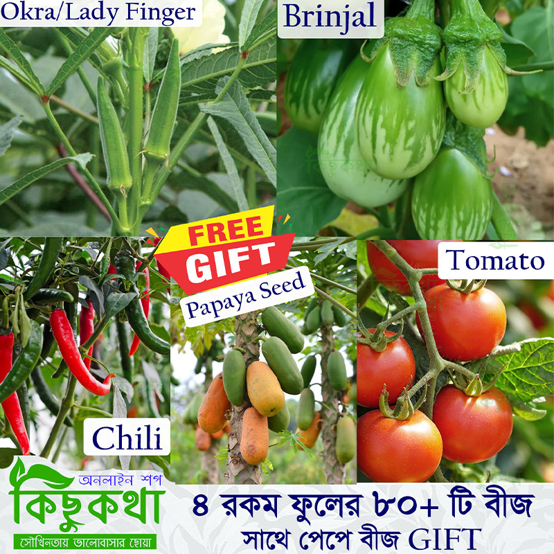 Picture of 4 Type Vegetable Seed Combo Pack - Veg7-Total 80+ pcs Seed of Brinjal Chili Okra Tomato With Papaya Seed GIFT