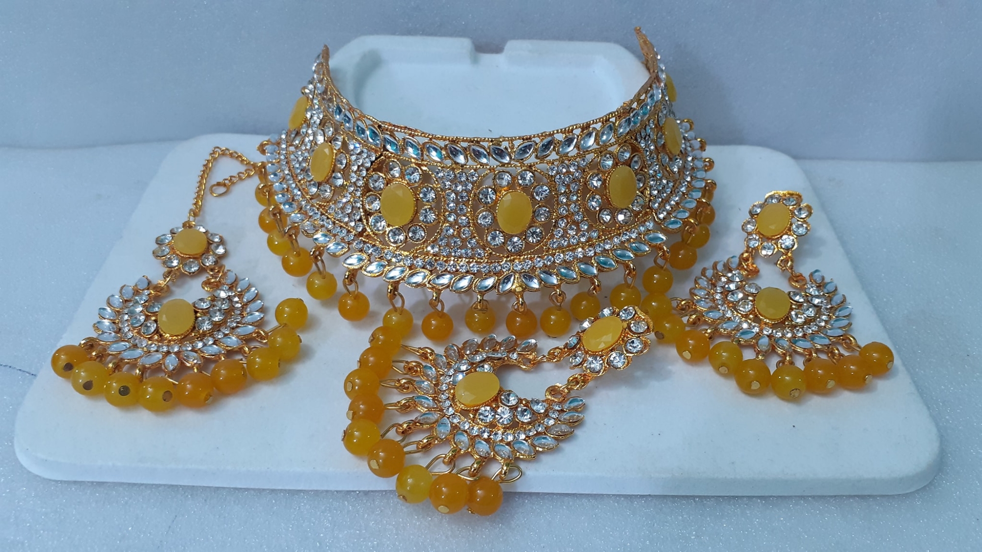 Picture of Bridal Traditional Wedding Ornament / Exclusive Fashion Party Choker Necklace Earrings & Tikli Jewellery Set For Women