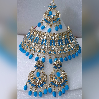 Picture of Bridal Traditional Wedding Ornament / Exclusive Fashion Party Choker Necklace Earrings & Tikli Jewellery Set For Women