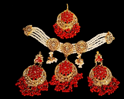 Picture of Beautiful Choker Necklace ,Traditional Fashion Wedding/Party Bridal Choker Necklace Earrings & Tikli. Jewellery Set For Women.