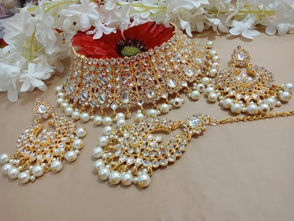 Picture of Beautyful Choker Nacklace For Women  Western neck wear choker Traditional Fashion Wedding/Party Bridal Choker Necklace Earrings & Tikli Jewellery Set