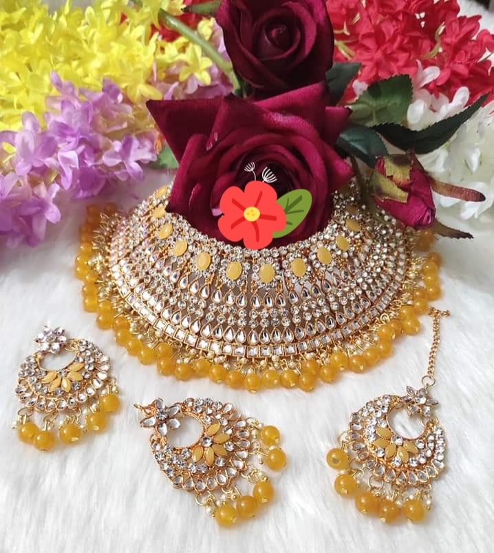 Picture of Bridal Traditional Wedding Ornament  / Exclusive Fashion Party Choker Necklace Earrings & Tikli Jewellery Set For Women