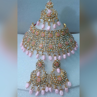 Picture of Bridal Traditional Wedding Ornament / Exclusive Fashion Party Choker Necklace Earrings & Tikli Jewellery Set For Women