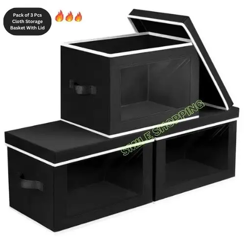 Picture of 3 Pcs Pack New Foldable Cloth Basket With Lid Foldable Cloth Storage Box With Cover