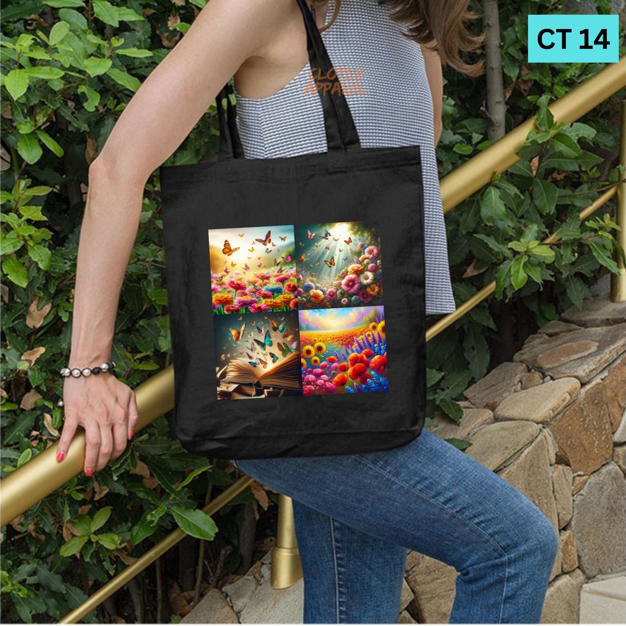 Picture of Smile Tote Bag Butterfly Flower Designed Cotton Canvas Tote Bag With Zipper for Women Girls  Ladies Everyday Daily Useable Fashionable Hand Shoulder Bag For School College University Students(CT 14)