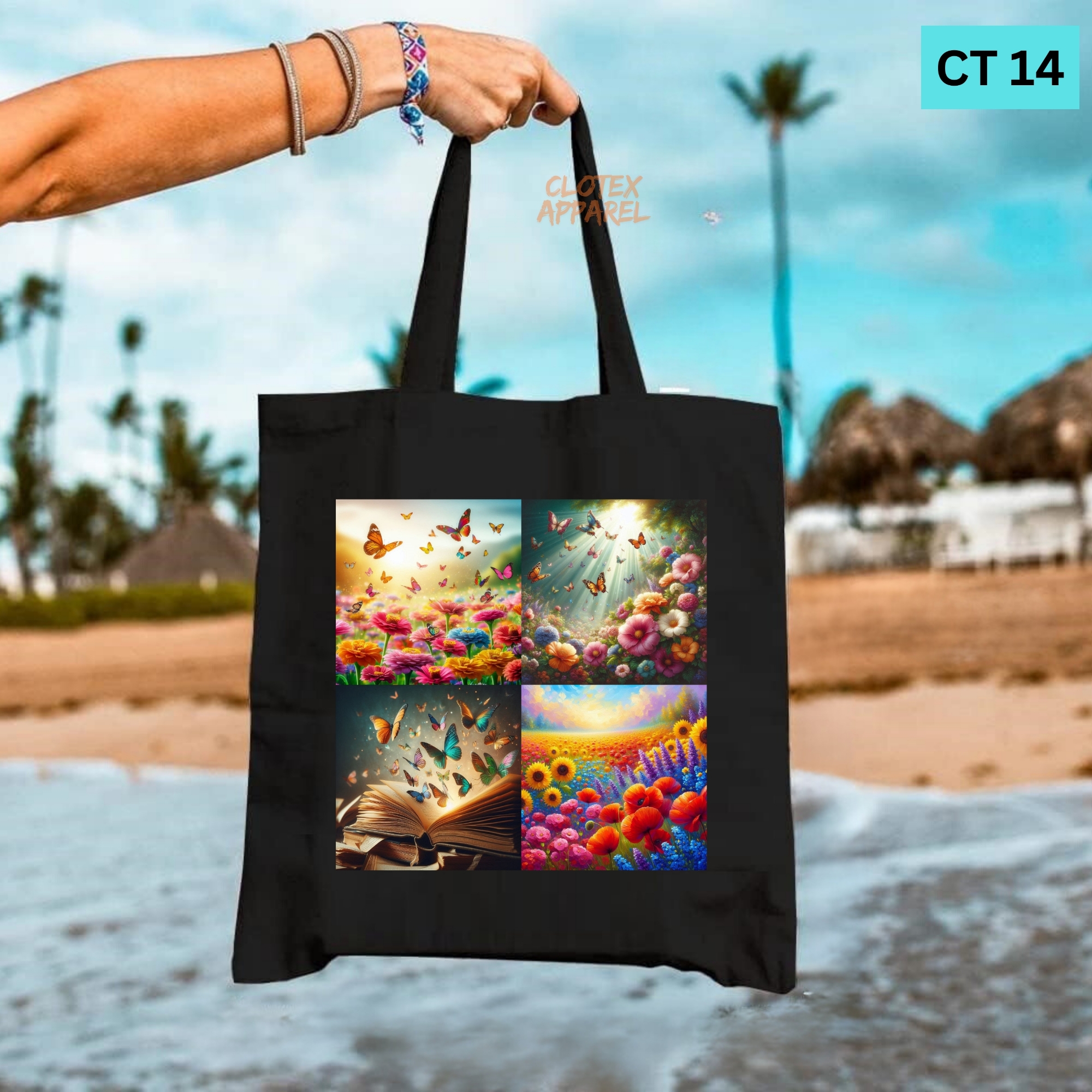Picture of Smile Tote Bag Butterfly Flower Designed Cotton Canvas Tote Bag With Zipper for Women Girls  Ladies Everyday Daily Useable Fashionable Hand Shoulder Bag For School College University Students(CT 14)