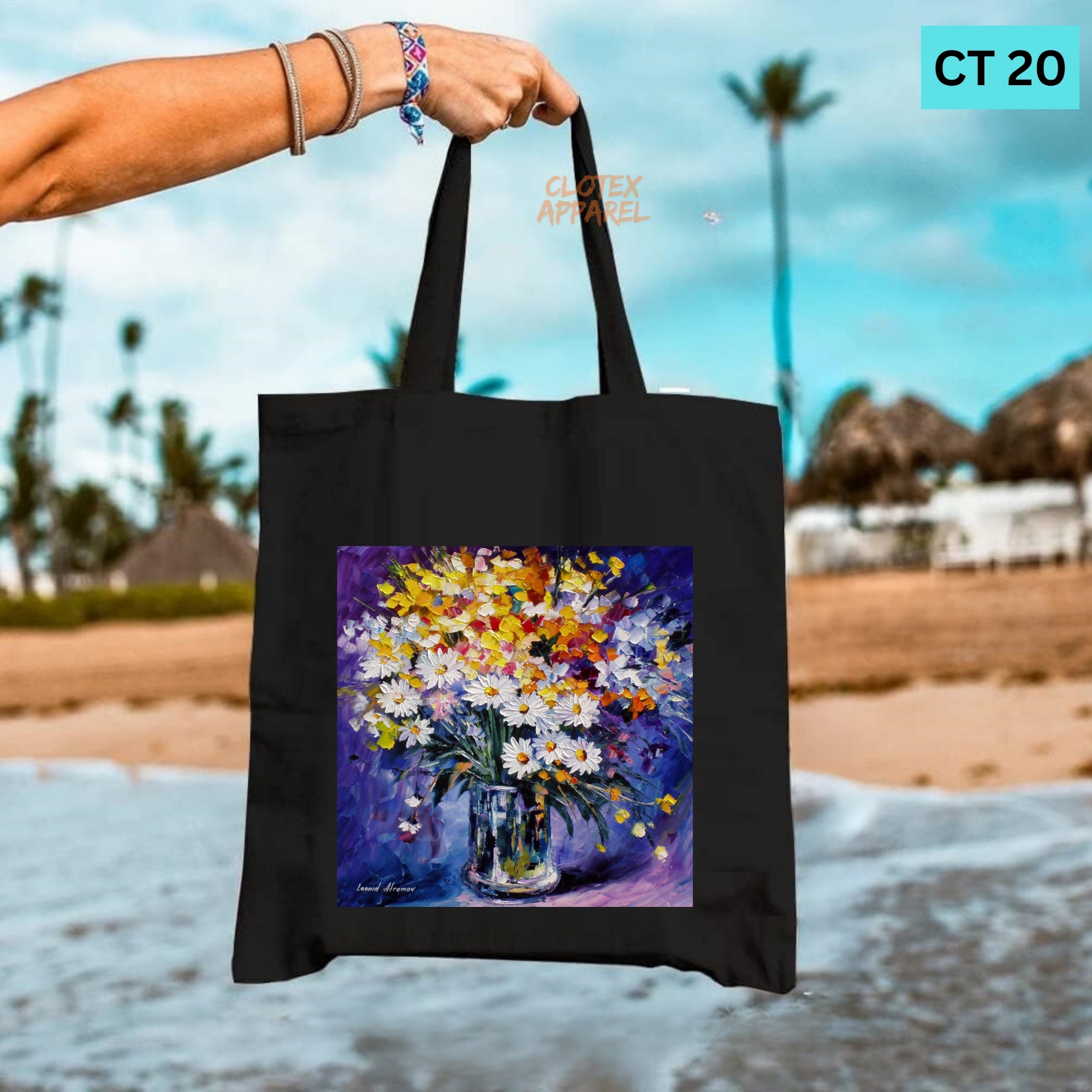 Picture of Smile Tote Bag Floewer Oil Paint Designed Cotton Canvas Tote Bag With Zipper for Women Girls  Ladies Everyday Daily Useable Fashionable Hand Shoulder Bag For School College University Students(CT 20)
