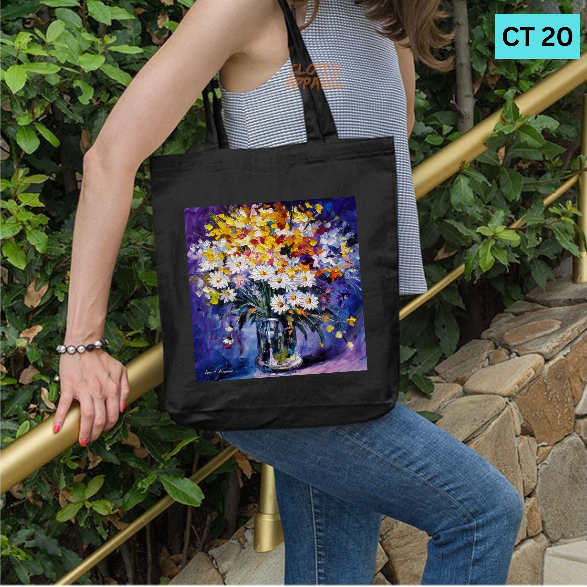 Picture of Smile Tote Bag Floewer Oil Paint Designed Cotton Canvas Tote Bag With Zipper for Women Girls  Ladies Everyday Daily Useable Fashionable Hand Shoulder Bag For School College University Students(CT 20)