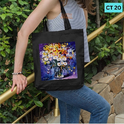 Picture of Smile Tote Bag Floewer Oil Paint Designed Cotton Canvas Tote Bag With Zipper for Women Girls  Ladies Everyday Daily Useable Fashionable Hand Shoulder Bag For School College University Students(CT 20)