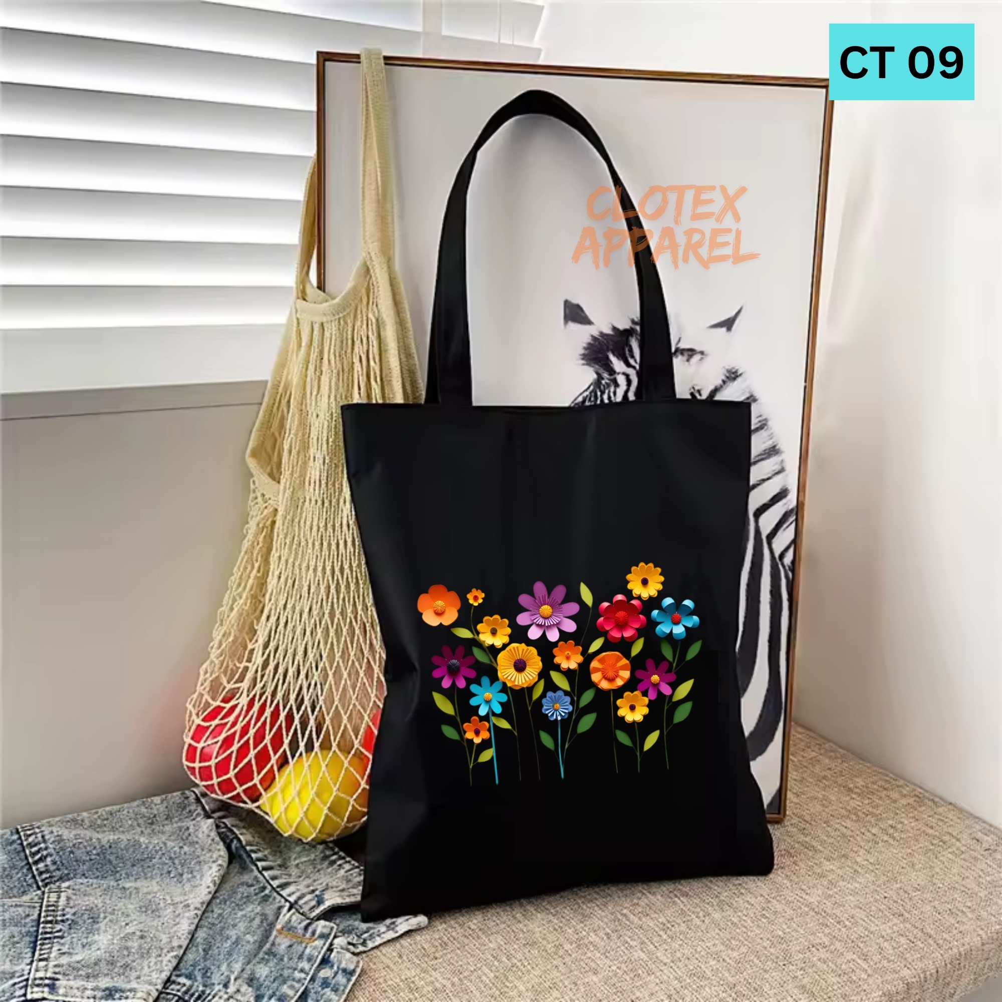Picture of Smile Tote Bag For Women Floral Print Designed Cotton Canvas Tote Bag With Zipper for Women Girls  Ladies Everyday Daily Useable Fashionable Hand Shoulder Bag For School College University Students(CT 09)