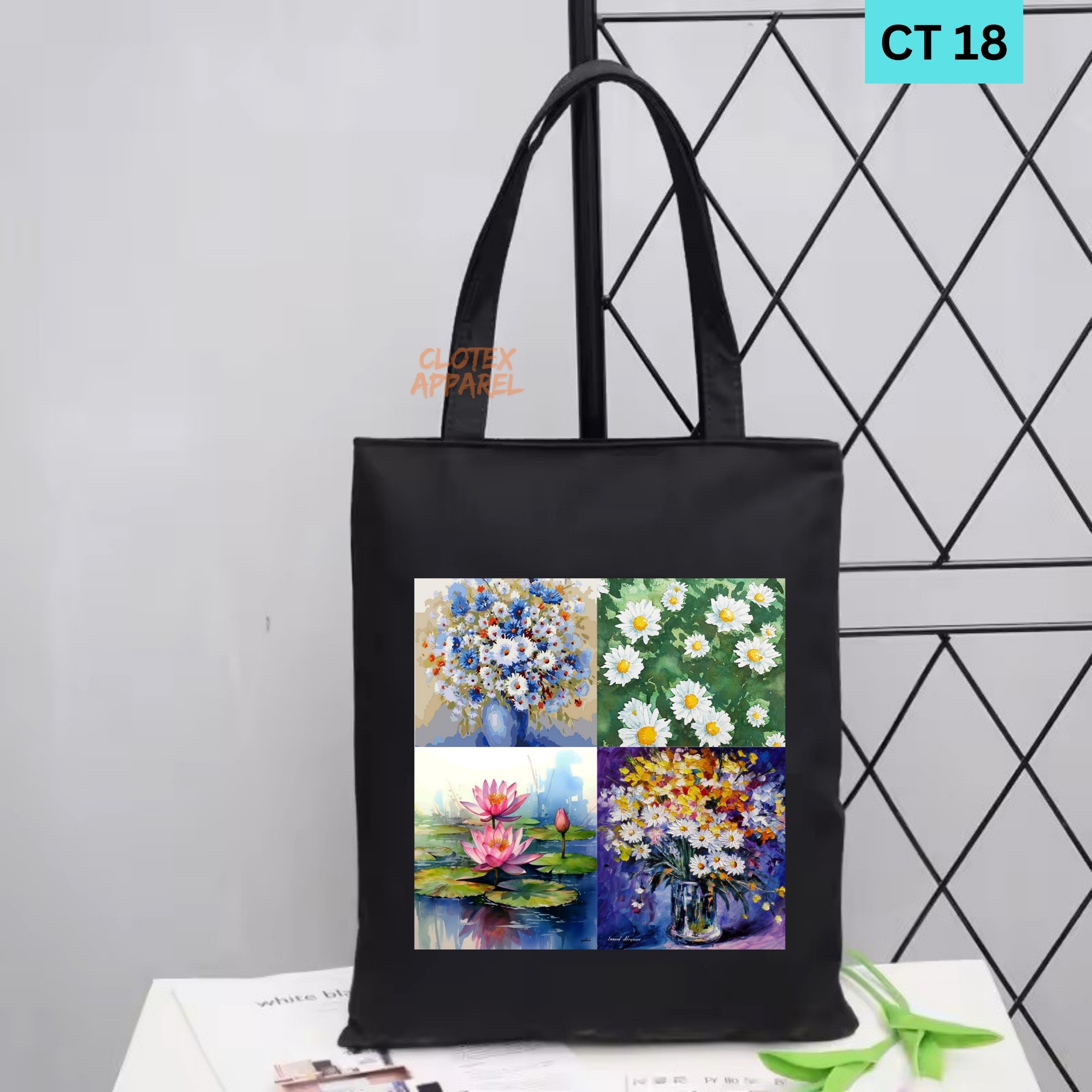 Picture of Smile Tote Bag Natural Flower Designed Cotton Canvas Tote Bag With Zipper for Women Girls  Ladies Everyday Daily Useable Fashionable Hand Shoulder Bag For School College University Students(CT 18)