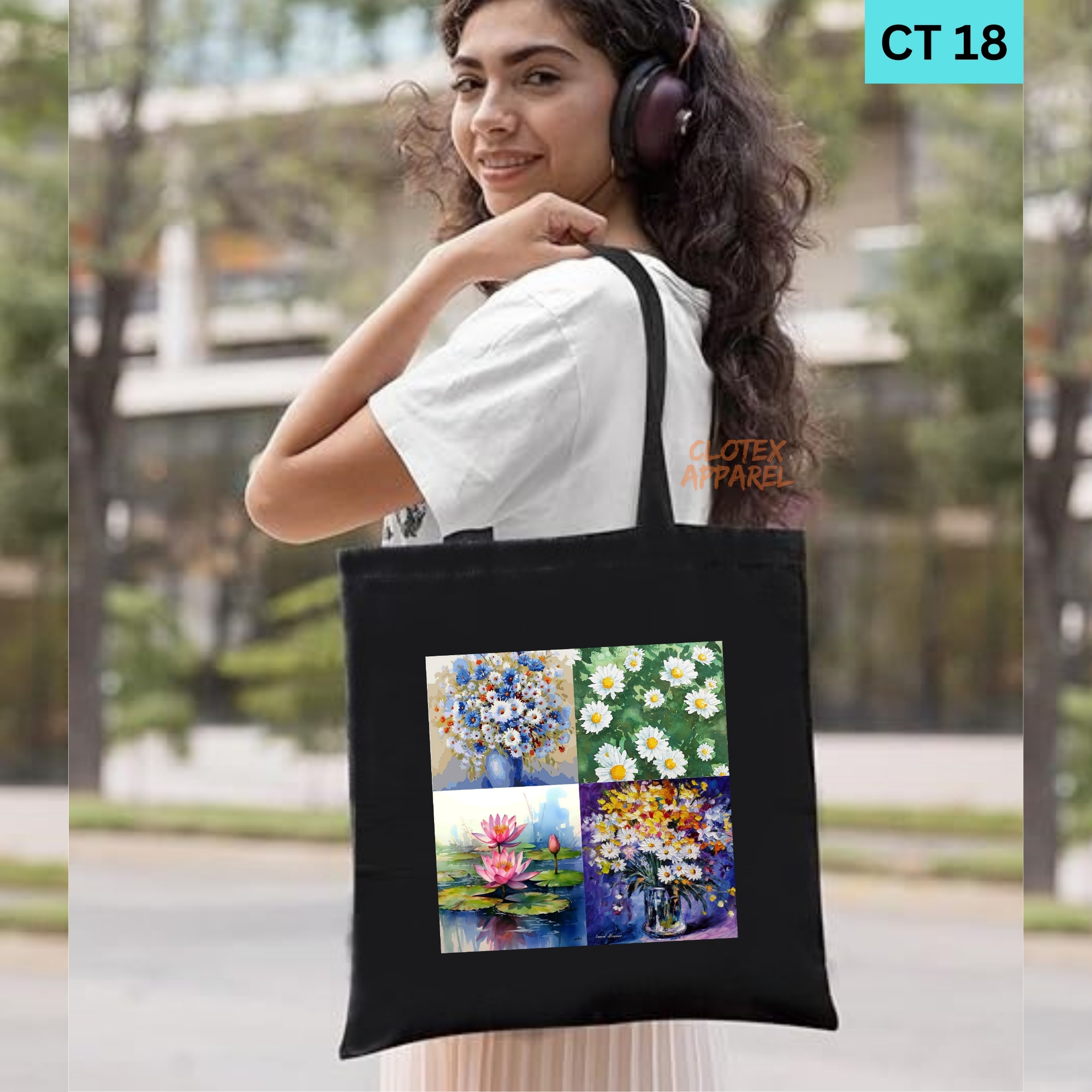 Picture of Smile Tote Bag Natural Flower Designed Cotton Canvas Tote Bag With Zipper for Women Girls  Ladies Everyday Daily Useable Fashionable Hand Shoulder Bag For School College University Students(CT 18)