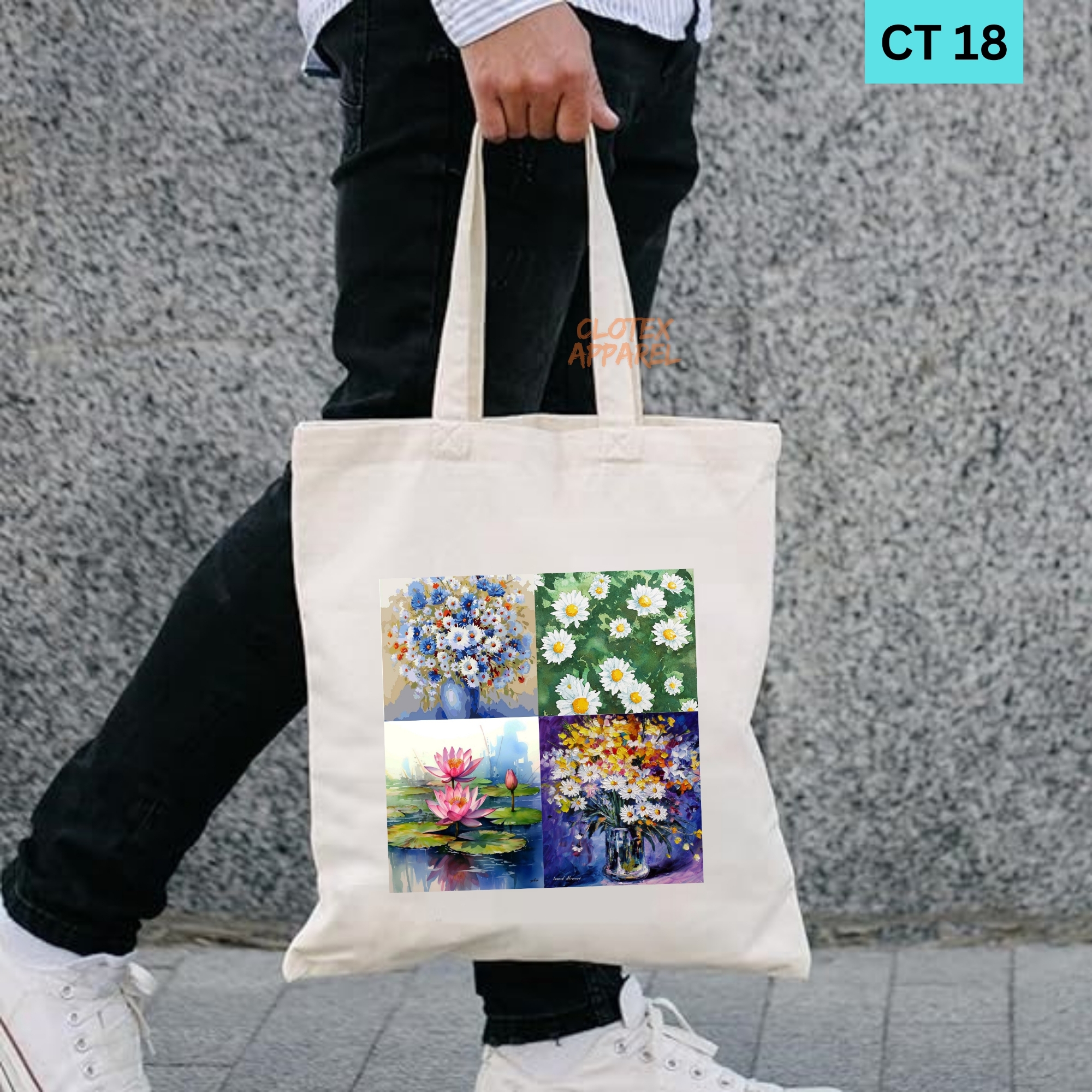 Picture of Smile Tote Bag Natural Flower Designed Cotton Canvas Tote Bag With Zipper for Women Girls  Ladies Everyday Daily Useable Fashionable Hand Shoulder Bag For School College University Students(CT 18)