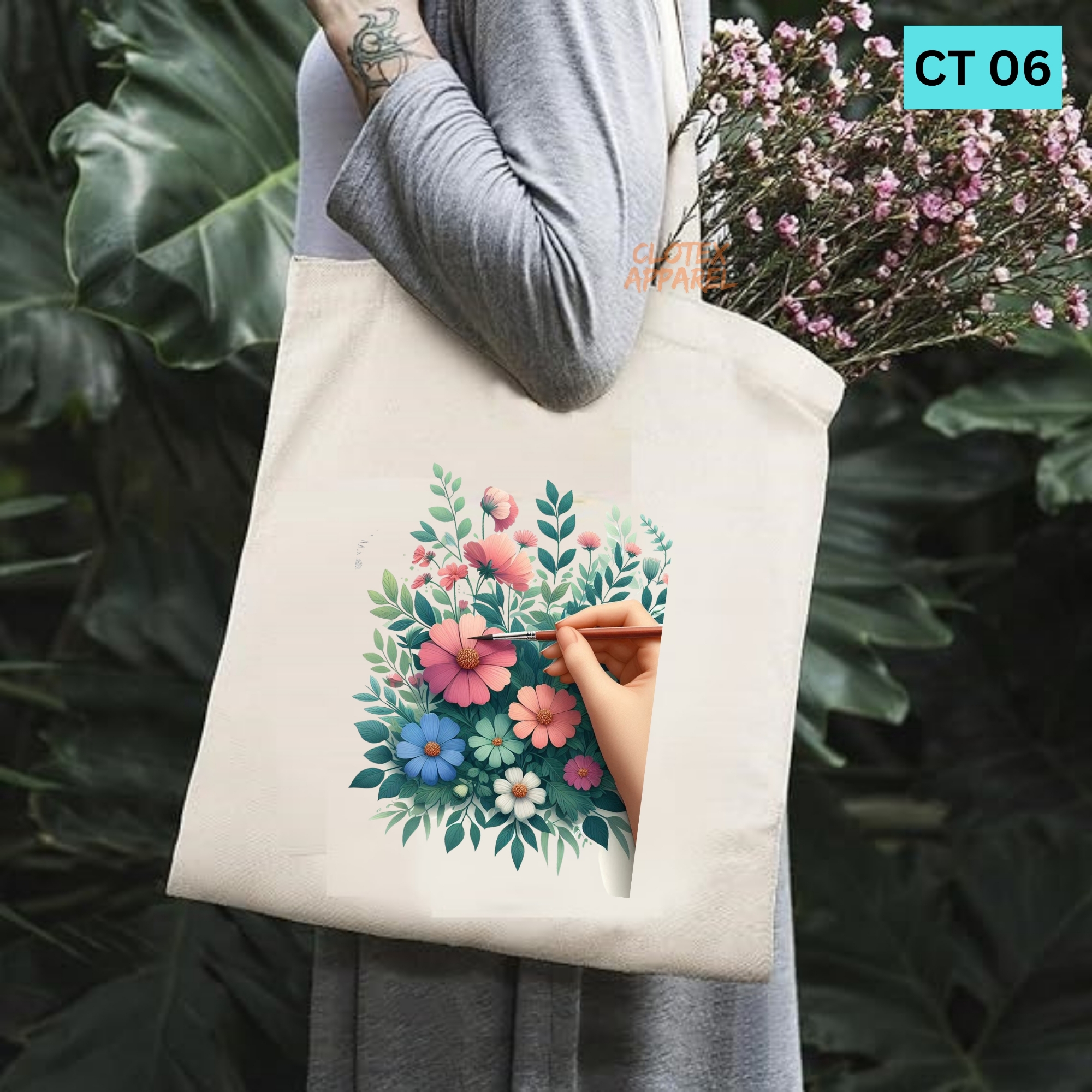 Picture of Smile Tote Bag Beautiful Flower Paint Designed Cotton Canvas Tote Bag With Zipper for Women Girls  Ladies Everyday Daily Useable Fashionable Hand Shoulder Bag For School College University Students(CT 06)