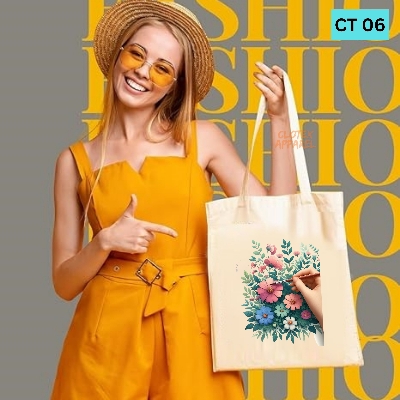 Picture of Smile Tote Bag Beautiful Flower Paint Designed Cotton Canvas Tote Bag With Zipper for Women Girls  Ladies Everyday Daily Useable Fashionable Hand Shoulder Bag For School College University Students(CT 06)