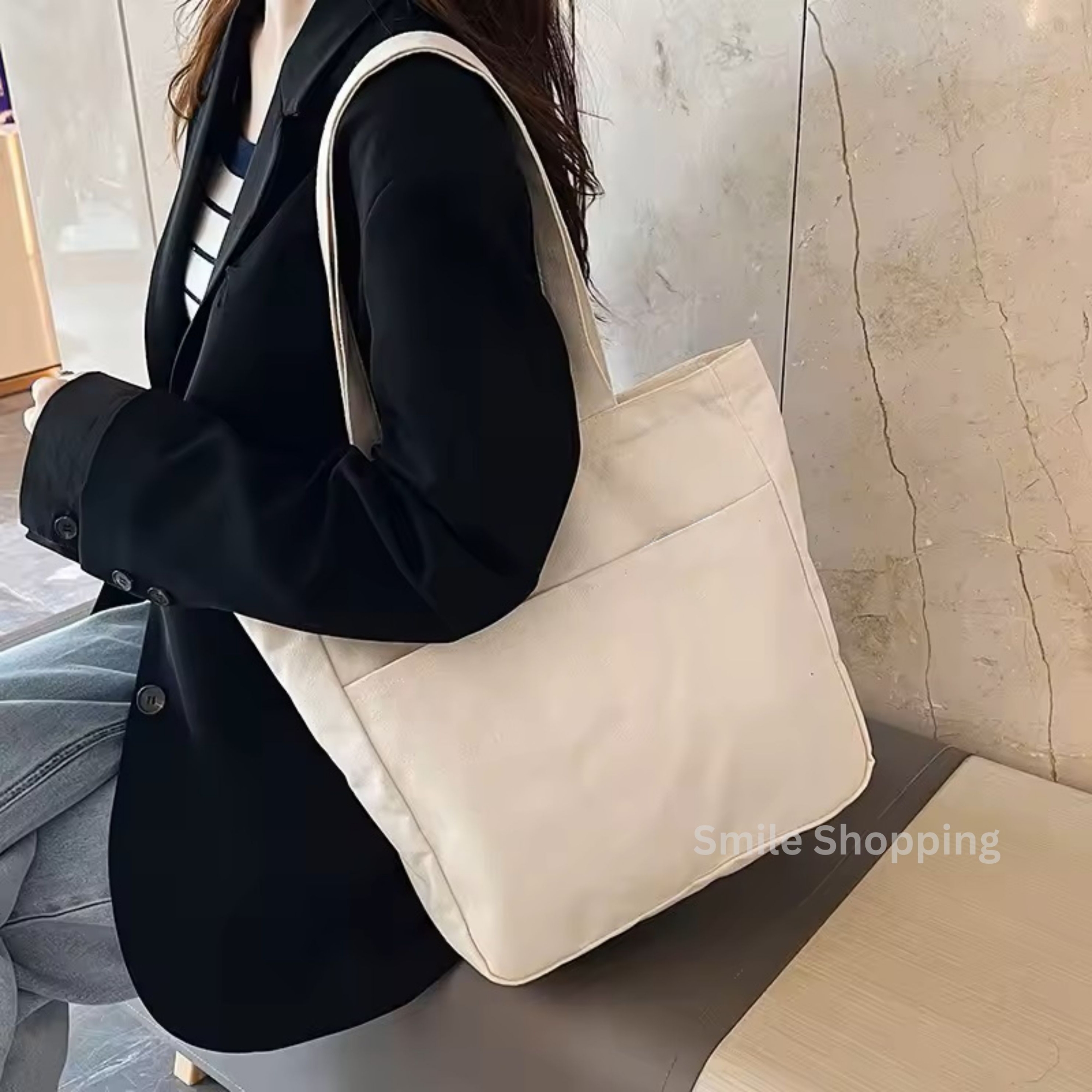Picture of Women Cotton tote bag solid color designer ladies casual handbag shoulder bag simple large capacity reusable shopping beach bag FSB 09