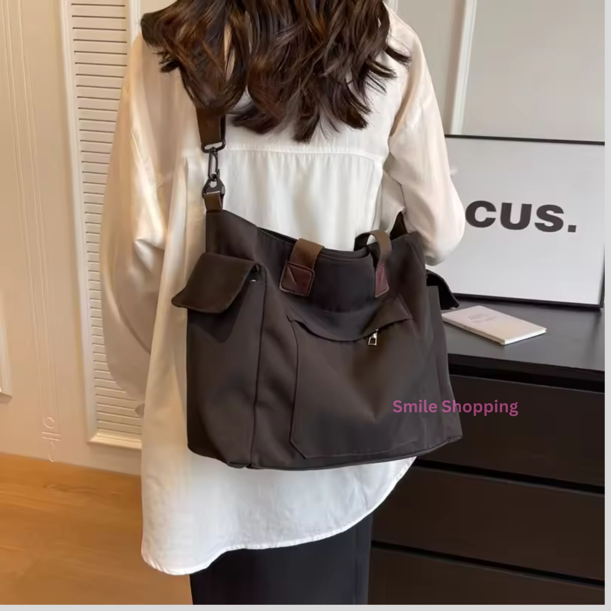 Picture of Canvas Women Shoulder Bag With Long Belt, Women's Canvas Tote Bag with Zipper Crossbody Bag Large Work Bag Black Shoulder Bag Multiple Pockets FSB 11