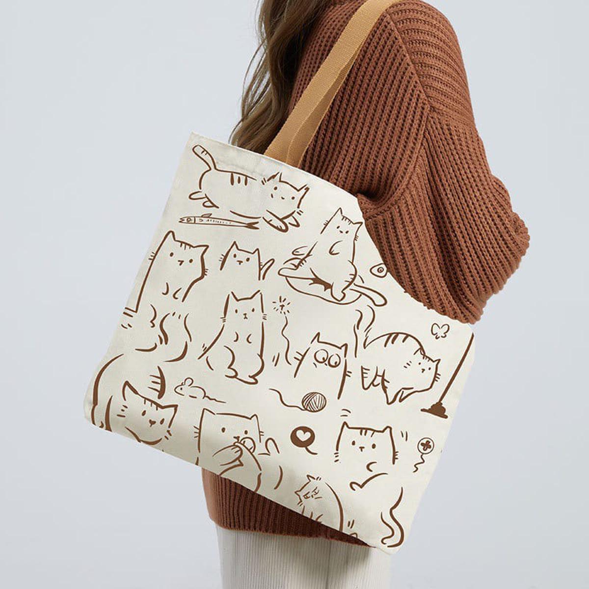 Picture of Printed Premium Quality Canvas Tote Bag, Cat Printed Tote Bag With Zipper (CP-01)