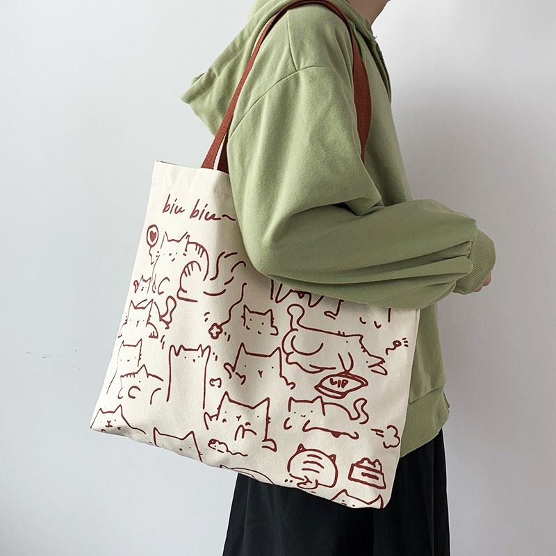 Picture of Printed Premium Quality Canvas Tote Bag, Cat Printed Tote Bag With Zipper (CP-01)