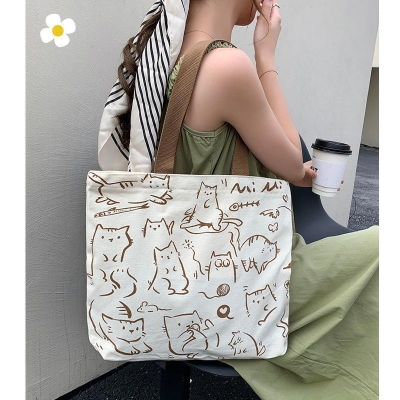 Picture of Printed Premium Quality Canvas Tote Bag, Cat Printed Tote Bag With Zipper (CP-01)