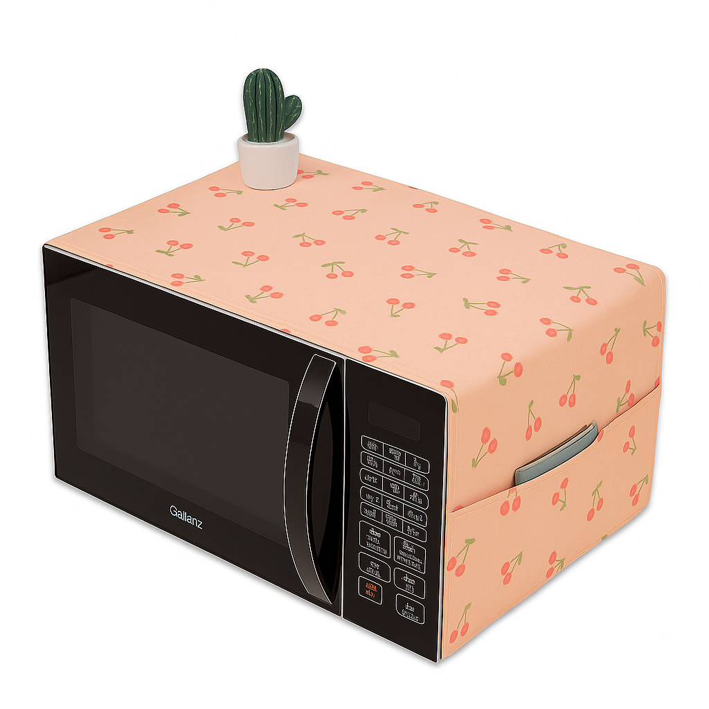 Picture of Microwave Oven Cover – Cherry & Strawberry Print | Dustproof, Washable, with Full-Width Side Pocket | Fits Standard Countertop Models | Cute & Functional Kitchen Accessory (OC-N2)