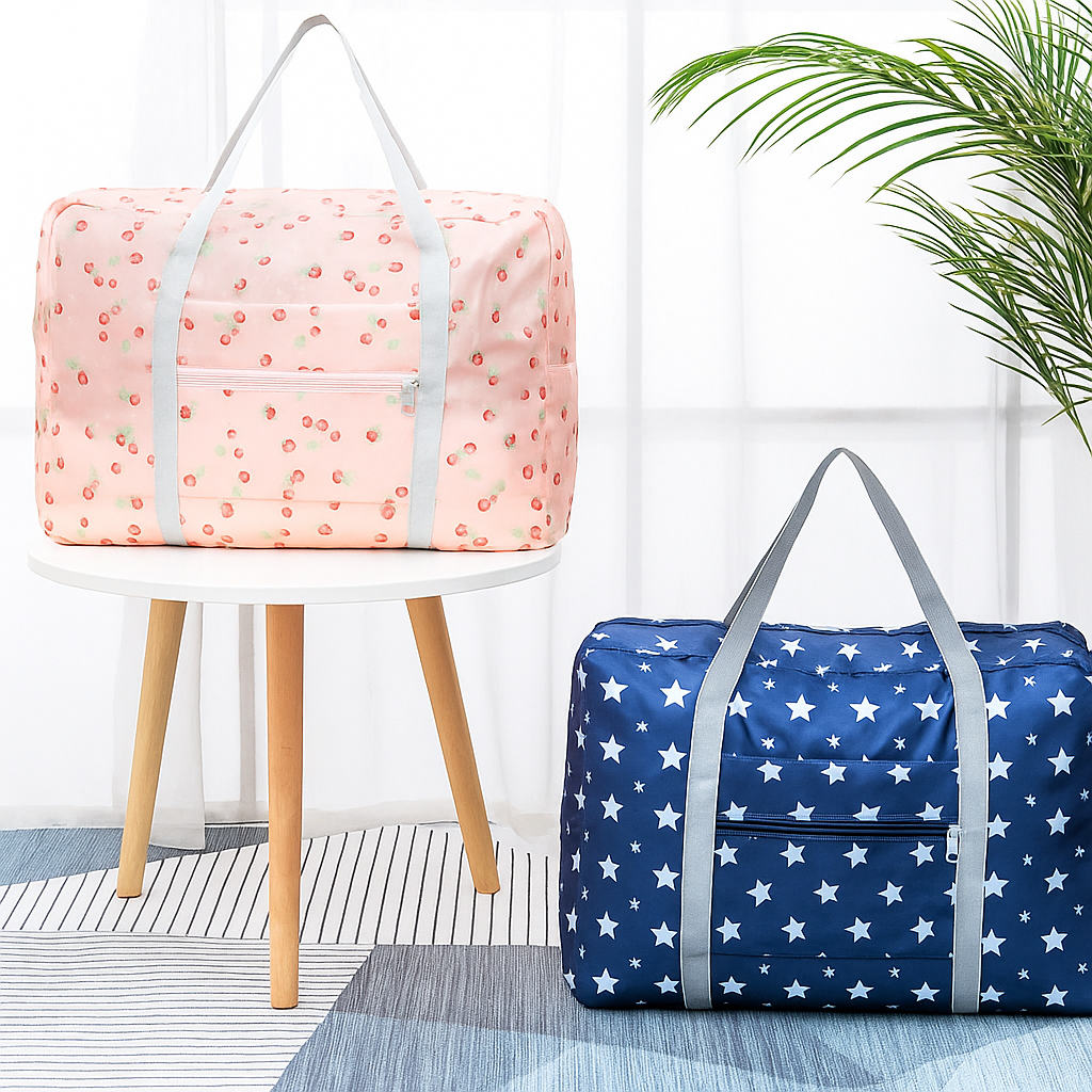 Picture of Foldable Travel Duffel Bag – Lightweight, Waterproof, Spacious | With Front Zipper Pocket & Durable Handles | Available in Cute Cherry & Star Prints – Ideal for Travel, Gym, Shopping(PFTB 01)