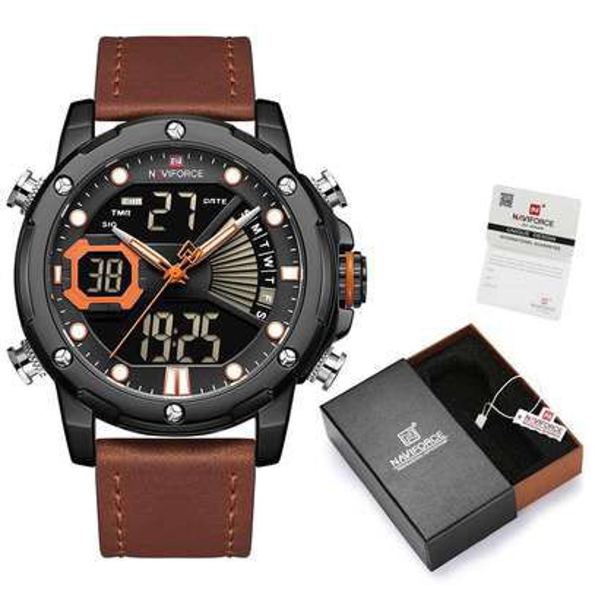 Picture of NAVIFORCE NF9172 Brown PU Leather Dual Time Wrist Watch For Men - Orange and Brown