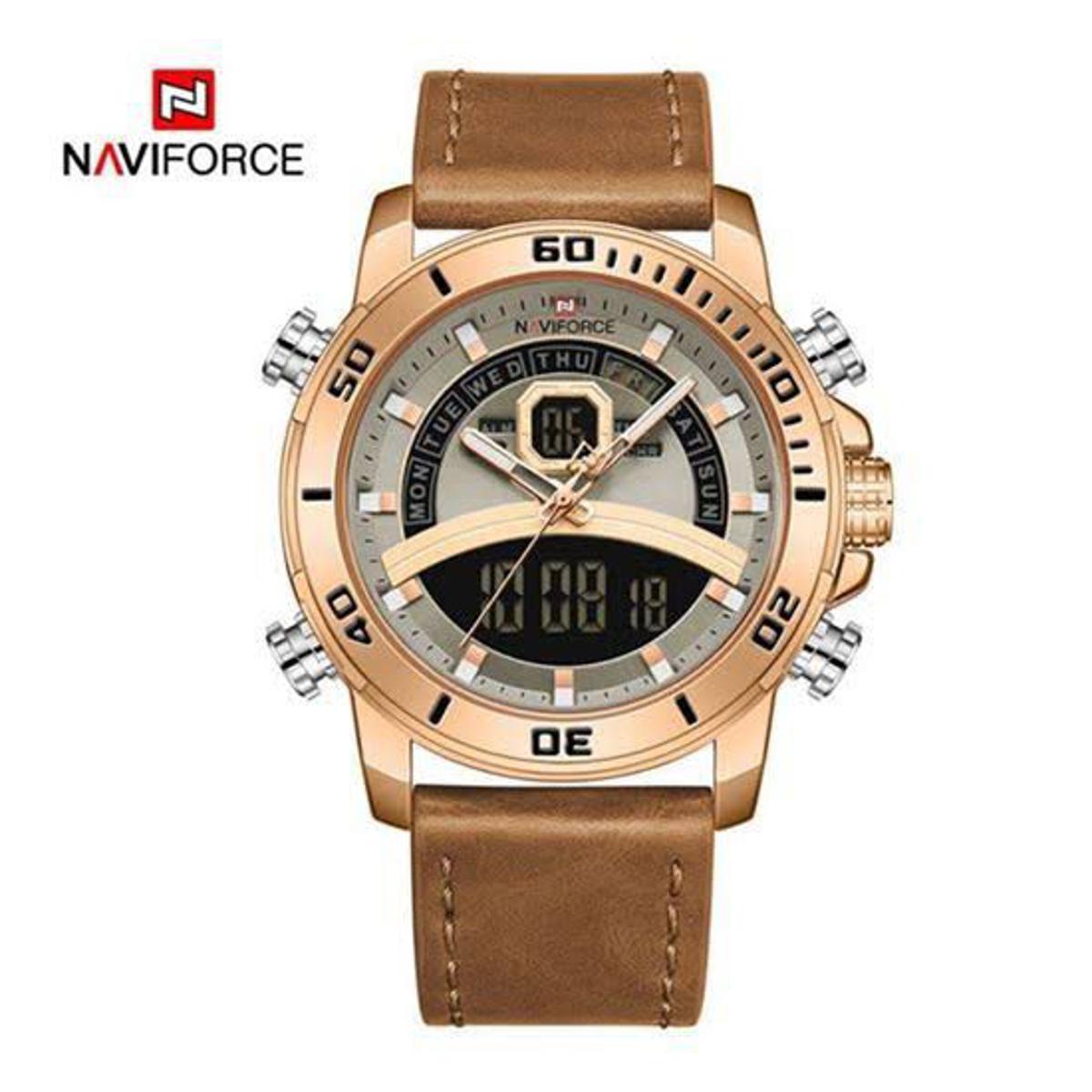 Picture of পুরুষদের জন্য naviforce nf9181 ব্রাউন pu চামড়ার ডুয়াল টাইম রিস্ট ওয়াচ-রোজ গোল্ড এবং ব্রাউন