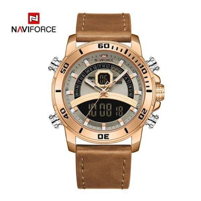 Picture of পুরুষদের জন্য naviforce nf9181 ব্রাউন pu চামড়ার ডুয়াল টাইম রিস্ট ওয়াচ-রোজ গোল্ড এবং ব্রাউন