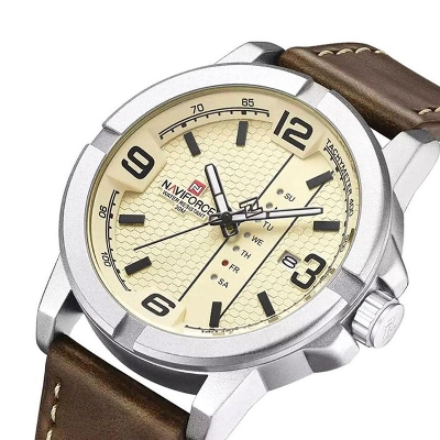 Picture of পুরুষদের জন্য naviforce nf9177 চকোলেট pu চামড়ার অ্যানালগ ঘড়ি-রূপালী এবং চকলেট রঙের