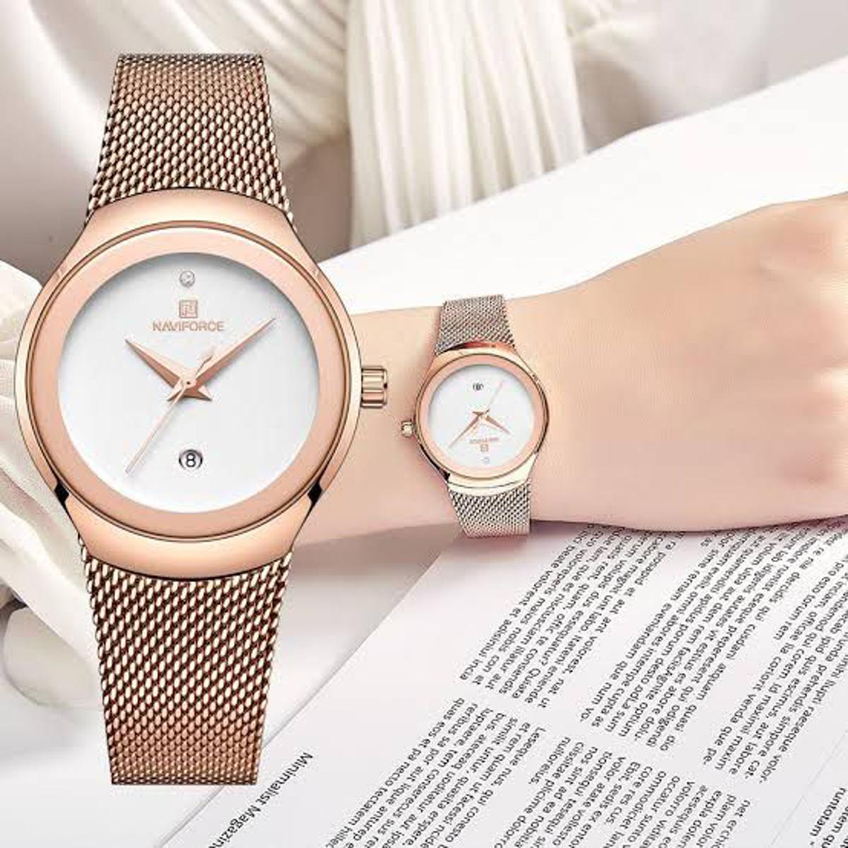 Picture of মহিলাদের জন্য naviforce nf5004 রোজগোল্ড মেশ স্টেইনলেস স্টিল অ্যানালগ ওয়াচ-সাদা এবং রোজগোল্ড