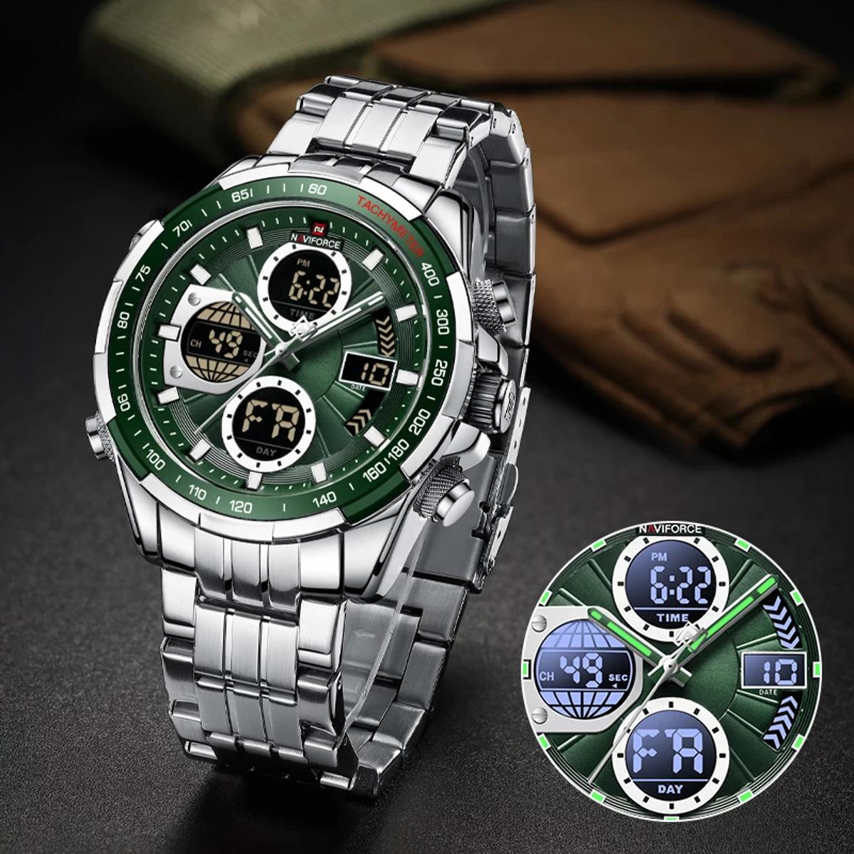 Picture of Naviforce 9197 Top Brand Luxury Stainless Steel Blue Casual Men Watch Digital Male Clock Military Sport Man Wristwatch- Silver Green - Watch For Men