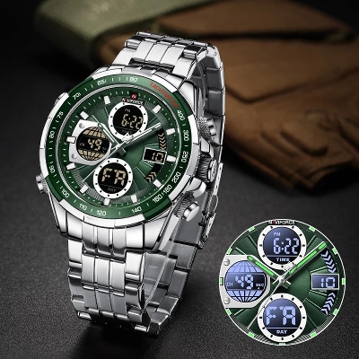 Picture of Naviforce 9197 Top Brand Luxury Stainless Steel Blue Casual Men Watch Digital Male Clock Military Sport Man Wristwatch- Silver Green - Watch For Men
