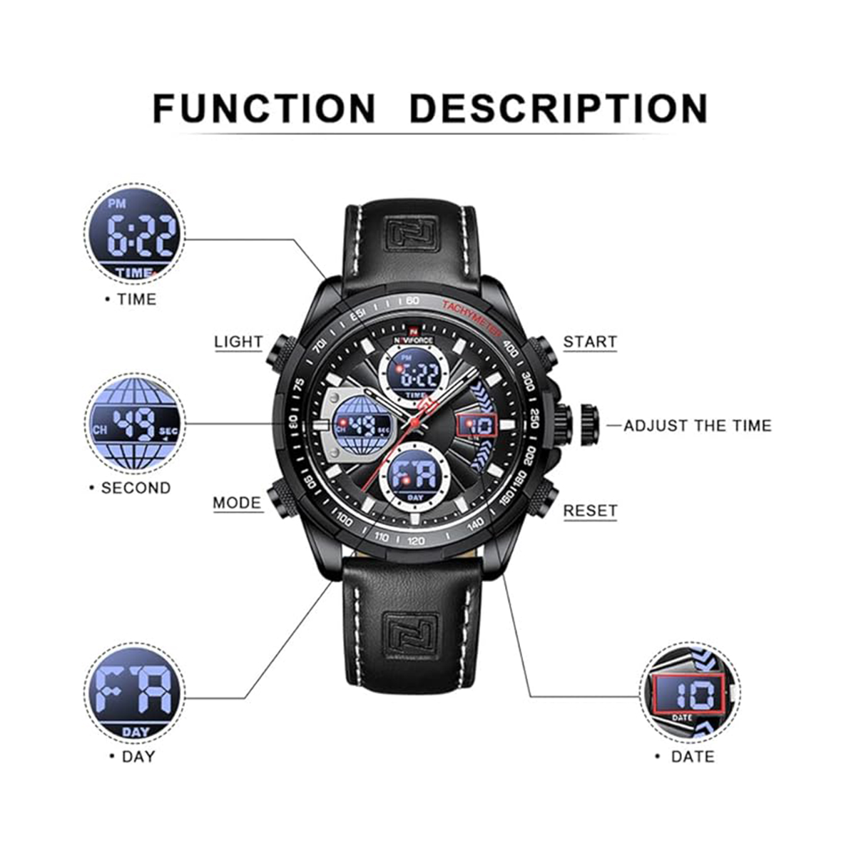 Picture of Naviforce 9197 শীর্ষ ব্র্যান্ড লাক্সারি pu চামড়ার ক্যাজুয়াল পুরুষদের ডিজিটাল পুরুষ ঘড়ি মিলিটারি স্পোর্ট ম্যান কব্জি ওয়াচ-কালো