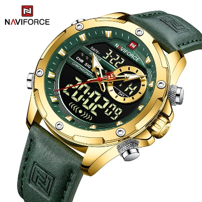 Picture of Naviforce Nf9208 Pu Leather Dual Time Wrist Watch For Men - Golden Green