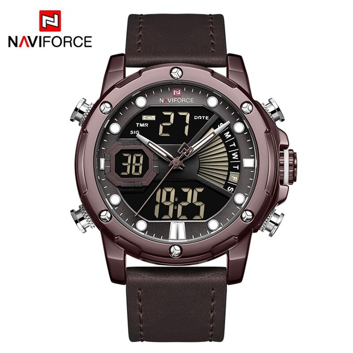 Picture of NAVIFORCE NF9172 Chocolate PU Leather Dual Time Wrist Watch For Men - Coffee