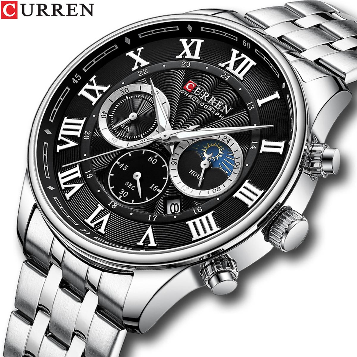 Picture of Curren 8427 Stainless Steel Watches For Men Creative Fashion Luminous Dial With Chronograph Watch Male Casual Wristwatches Multi Color-Silver And Black