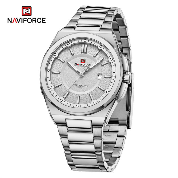 Picture of NAVIFORCE 9212 SW Alloy Quartz watches Stainless Steel strap with men Date wristwatch Casual relojes-Silver&White