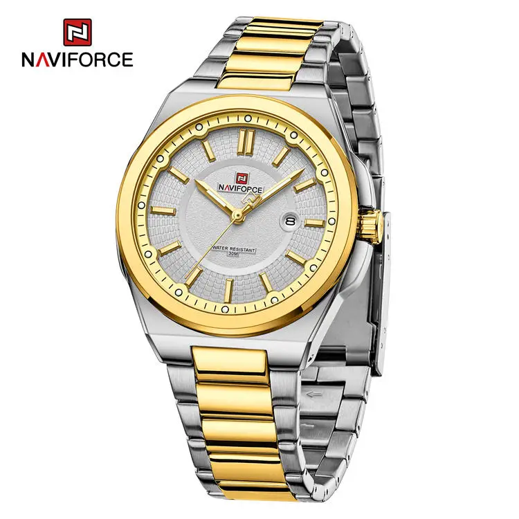 Picture of NAVIFORCE 9212 Golden White Alloy Quartz watches Stainless Steel strap with men Date wristwatch Casual relojes-Two Tone White