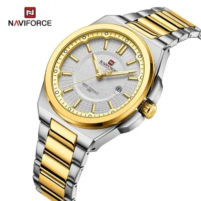 Picture of NAVIFORCE 9212 Golden White Alloy Quartz watches Stainless Steel strap with men Date wristwatch Casual relojes-Two Tone White