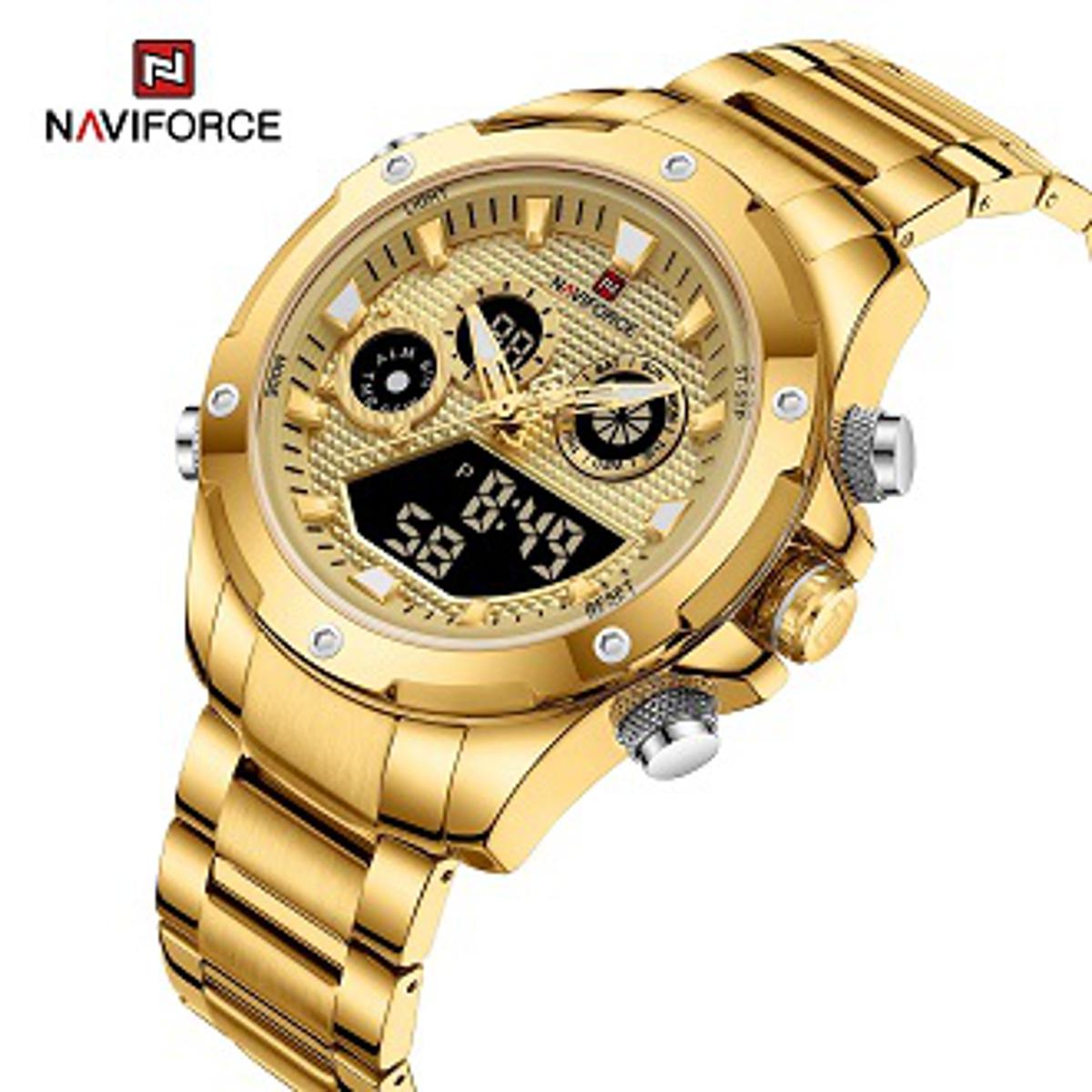 Picture of NAVIFORCE 9217 Watches for Men Date and Time Week Calendar Dual Time Display Stainless Steel Casual Fashion Quatarz Digital Watch-Golden