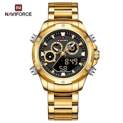 Picture of NAVIFORCE 9217 Watches Mens Date and Time Luxury Dual Time Top Brand Analog Digital Stainless Steel Man Wristwatch Casual Quartz-Golden and Black