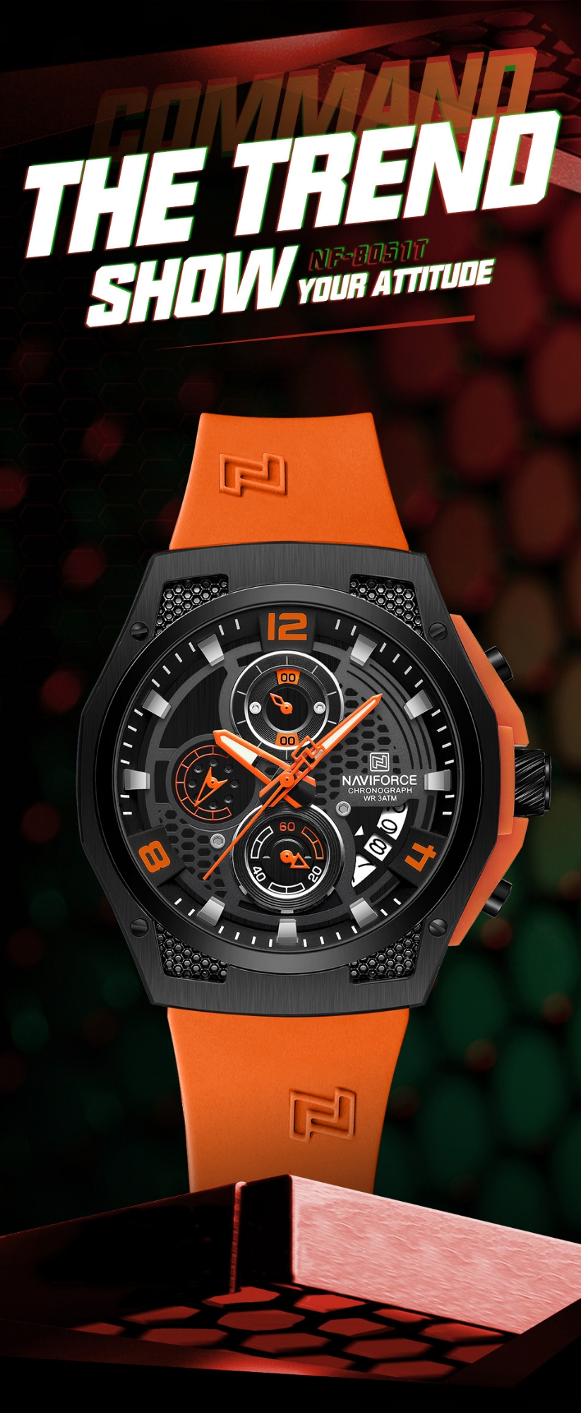 Picture of NAVIFORCE 8051 Men's Quartz Watch Luminous Silicone Strap Waterproof Wristwatch Sports Chronograph Clock