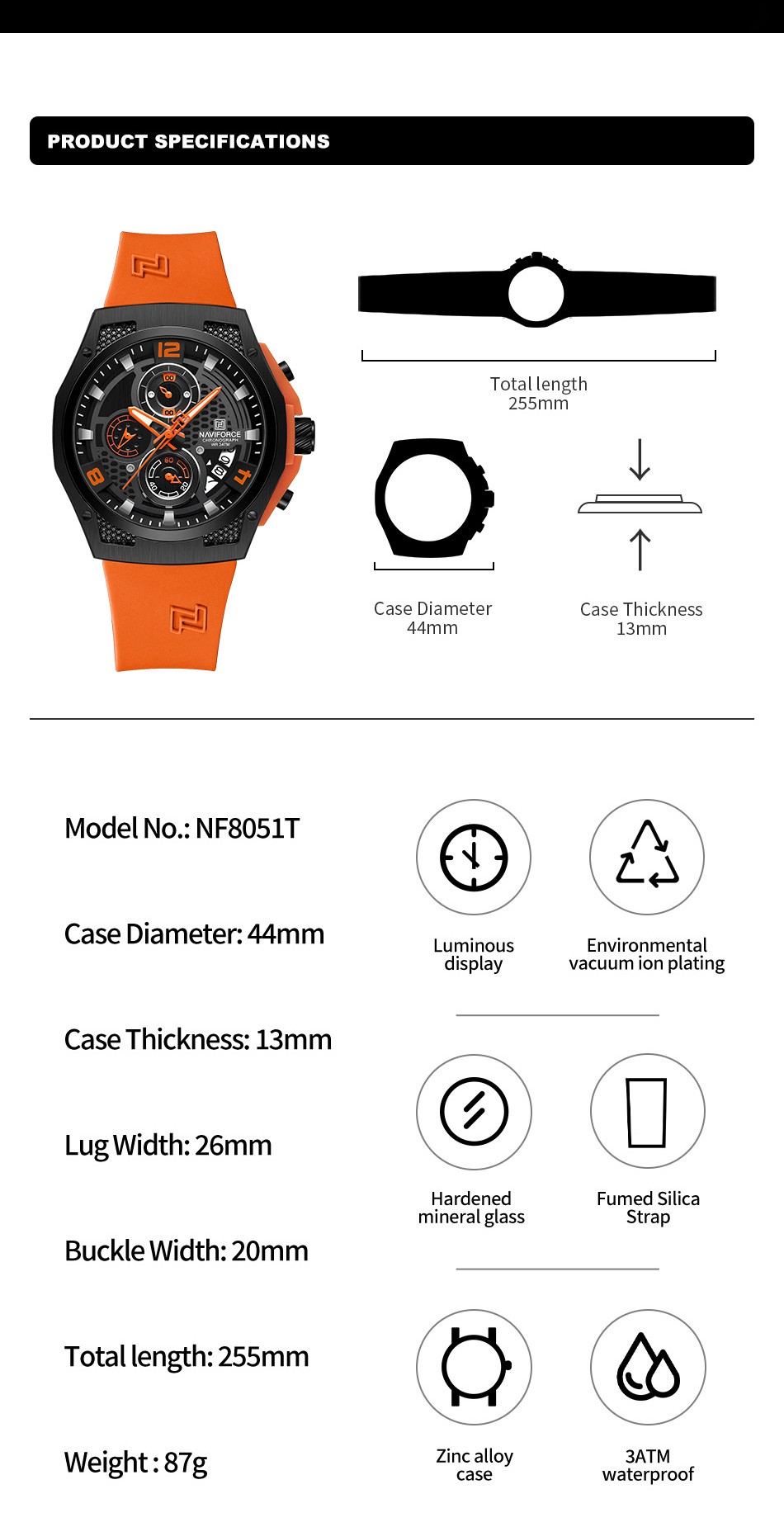 Picture of NAVIFORCE 8051 Men's Quartz Watch Luminous Silicone Strap Waterproof Wristwatch Sports Chronograph Clock