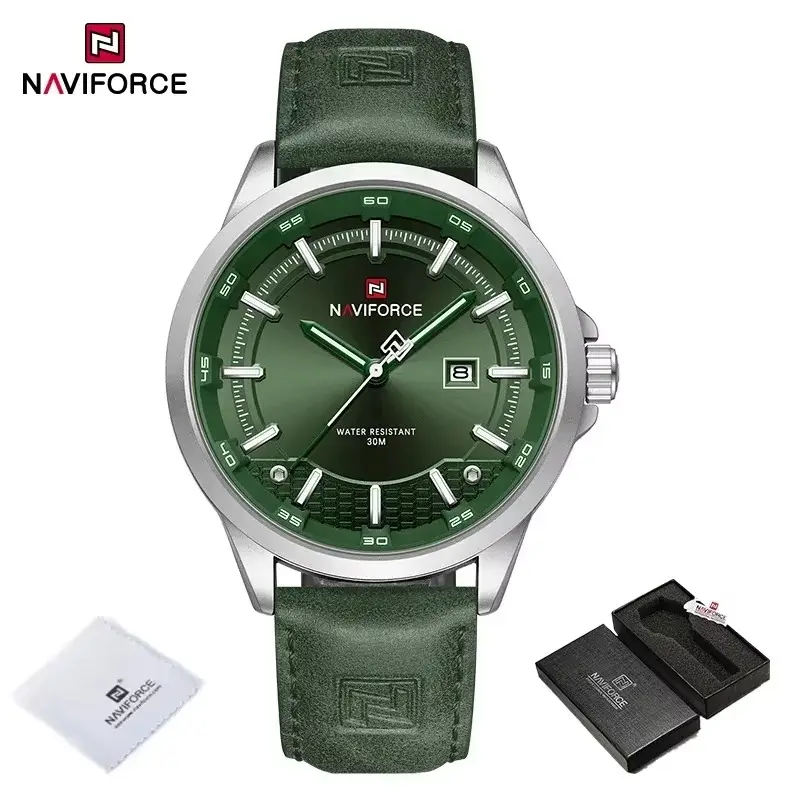 Picture of NAVIFORCE 9248 Men Watch Sport Wristwatch Top Brand Luxury Auto Date Silicone Leather Quartz Original Male Clock Gift & Silver Green